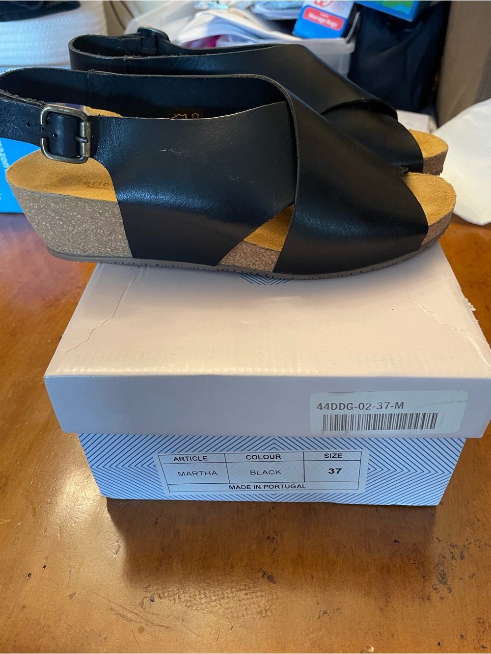 Eric Michael NIB-Black Leather Wedge Slingback Sandals